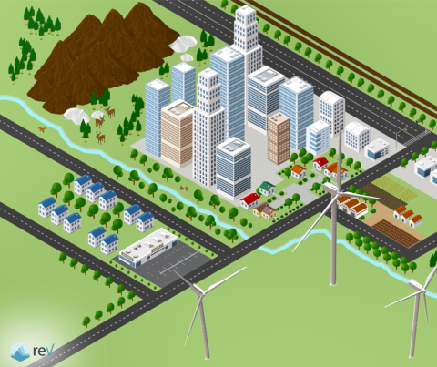 Illustration of a clean energy powered city.
