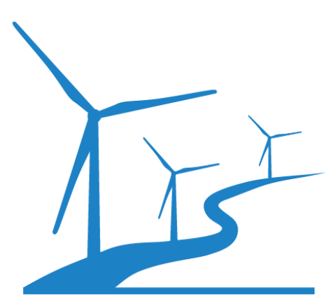 An icon of three wind turbines connected by a path.