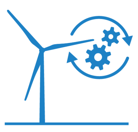 An icon of a wind turbine next to gears surrounded by cycling arrows.