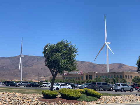 Wind turbines behind a large building and a blowing tree