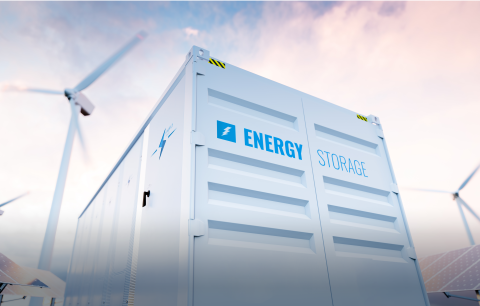 Wind turbine and storage box with the words Energy Storage