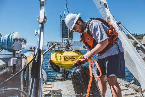 A worker from Ocean Motion Technologies handles equipment on the water