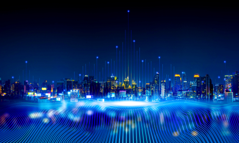 Illustration of a city in a futuristic landscape