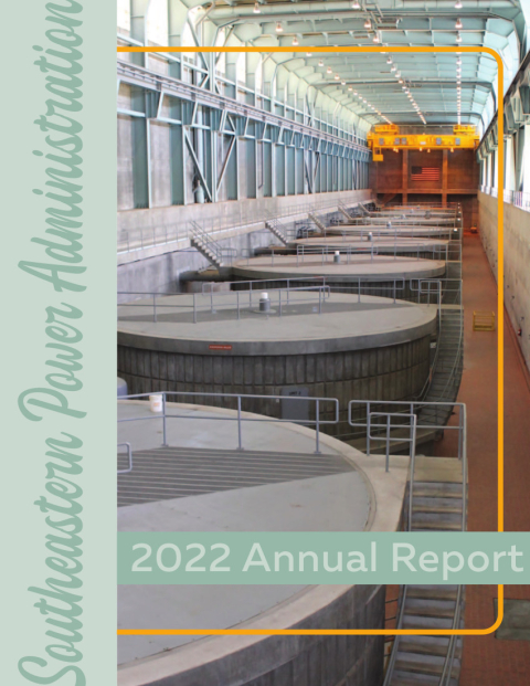 Annual Report cover showing the generators at the Russell hydro powerplant.