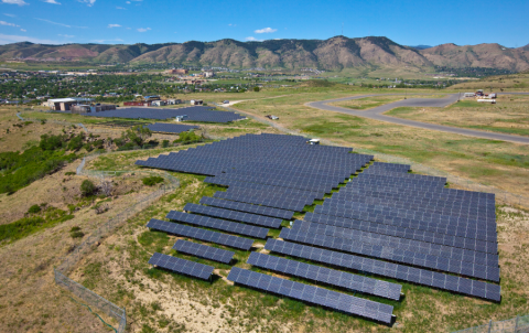 Aerial photo of a utility-scale solar panel installation