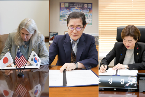 A combined photo showing the three signers of the Trilateral Framework from the U.S., Japan, and the Republic of Korea.