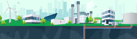 An illustration of wind turbines, building, solar panels, energy storage shed, factory, HVAC, and geothermal tank.