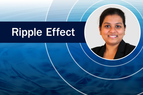 Photo of Chinmayee Subban inside a circle, with ripples emanating from the circle and "Ripple Effect" written to the left of it