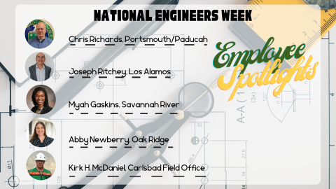 Graphic with photos of five engineers across the EM complex.