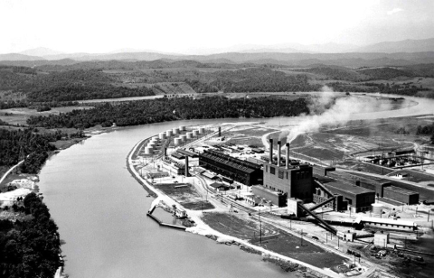 Black and white photo of Oak Ridge's original Powerhouse Complex