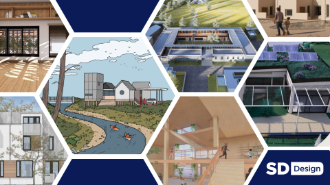 Collage of images in hexagonal shapes, diagrams and photos of building designs from the competition.