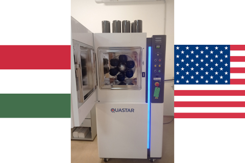 A photo illustration of an X-ray irradiator beside the U.S. and Hungarian flags.