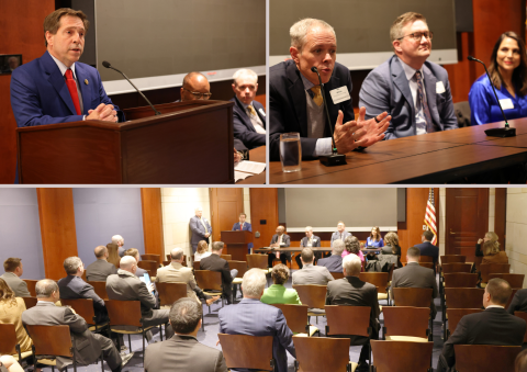 Collage of three photos of the caucus showing the speakers and the audience