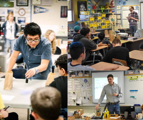 Collage of students engaging in STEM activities and experiments