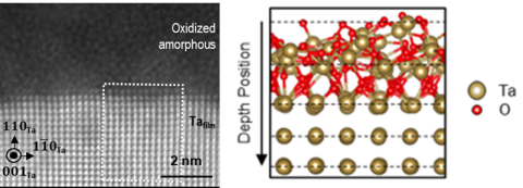 Left: scanning transmission electron microscope (STEM) image of a tantalum (Ta) film showing an oxide layer above the atoms of crystalline Ta metal. Right: STEM imaging combined with computational modeling revealed details of how these layers interface.