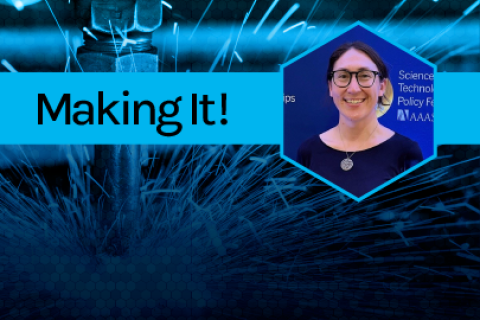 A close-up of sparking metal welding overlain with a headshot and the text Making It!