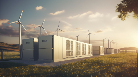 Large battery energy storage units in a row with wind turbines in the background at twilight.