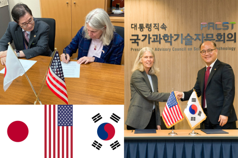 A photo montage of Jill Hruby and her Japanese and Republic of Korea counterparts and flags of each nation.