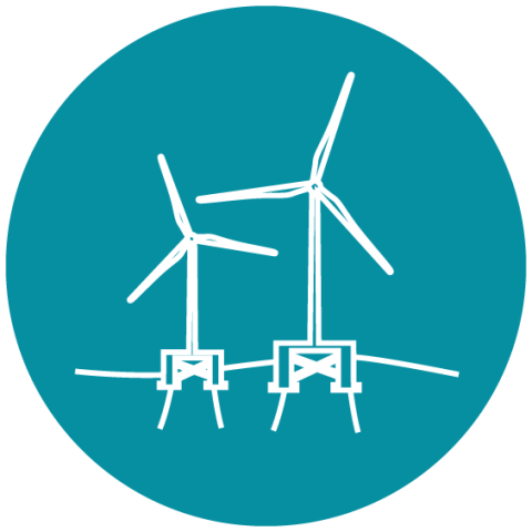 An icon of wind turbines floating on water