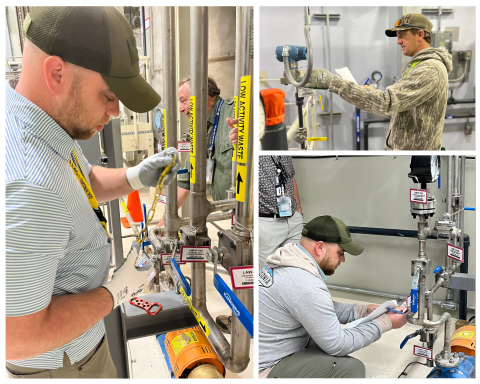 Collage of photos of employees in a training session working with metal pipes
