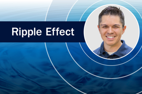Andrew Simms in a circle next to a banner reading "Ripple Effect" on top of a photo of ripples in water