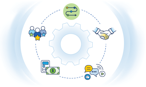 Illustration of people with stars, project execution roadmap, shaking hands, communication bubbles, and money with calculator 