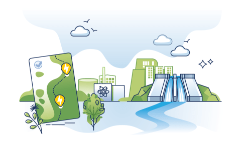 Illustration of hydroelectric facility, nuclear power facility, and environmental map with annotations.