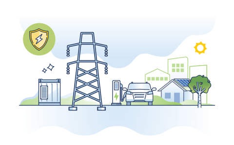 Illustration of transmission tower, electric car charging, house with solar panel, sun, city outline and shield with electricity bolt.