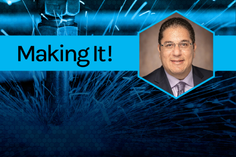 A headshot of Alaa Elwany next to the words "Making It!" over sparking metal.