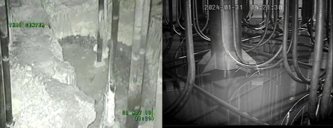 Before and after pictures inside a dark tank that has lots of metal pipes inside