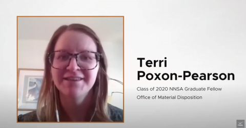 Headshot of Terri-Poxon Pearson with text: Terri Poxon-Pearson, Class of 2020 NNSA Graduate Fellow, Office of Material Disposition
