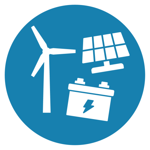 An icon of a wind turbine, solar panel, and battery