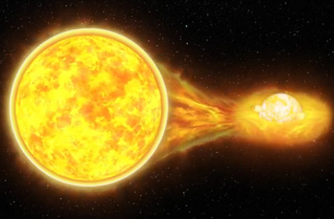 Two fiery spheres are positioned against a black, star-studded sky. The sphere on the left is larger and loosely connected by flames to the sphere on the right which is further back and smaller. 