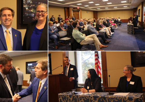 Collage of four photos of an event with professionals posing for pictures together, participating in a panel, and the audience listening to the panel