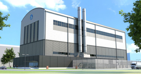 Illustration of gray building, blue sky, white clouds