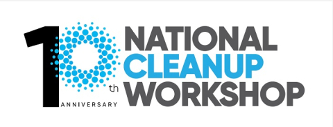 Black and light blue logo that reads "National Cleanup Workshop" on a white background