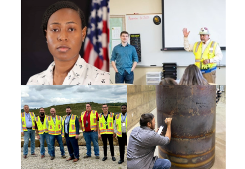 collage of 4 photos (clockwise): 1. Headshot of Crystal Mitchell-Henry 2. Two men giving presentation to classroom 3. Kevin Estala Rodriguez crouching and writing on a large metal cylinder 4. Group of 7 men standing outside wearing neon safety vests