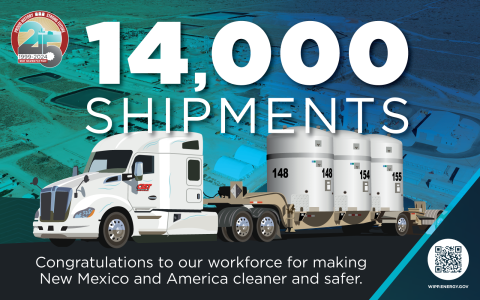 A graphic of a white tractor trailer truck carrying large white tanks with the text "14,000 shipments" above it