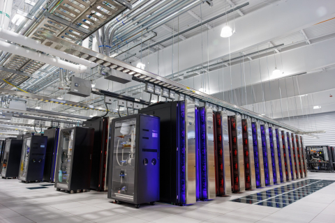 Data center inside a large warehouse.