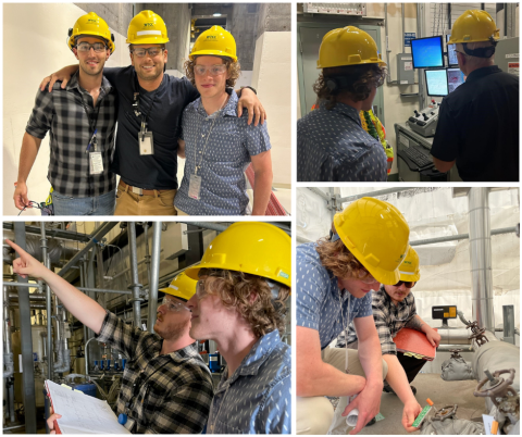 A collage of students and employees wearing yellow hard hats doing work inside a laboratory
