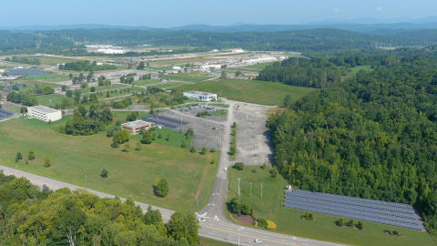 Aerial shot of  a large campus of buildings and facilities 