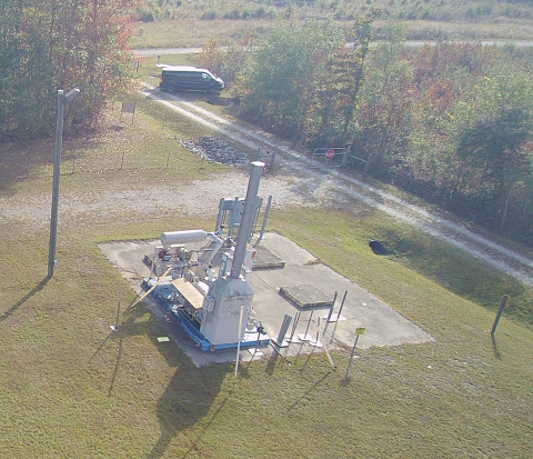 An aerial view of  concrete platform with facility machines on top of it