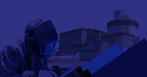 Dark blue thumbnail image with a welder and nuclear reactor in background.