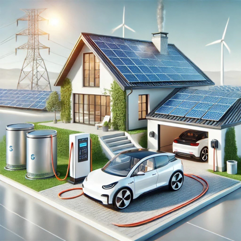 An illustration of a home and garage with solar panels on the roof, wind turbines in the background, and an EV car hooked up to an EV charging station in the driveway.