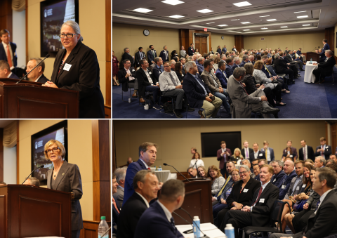 A collage of photos of DOE and US leaders at a meeting along with photos of the crowd