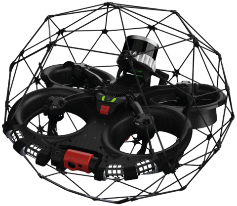 A black drone inside a black round cage