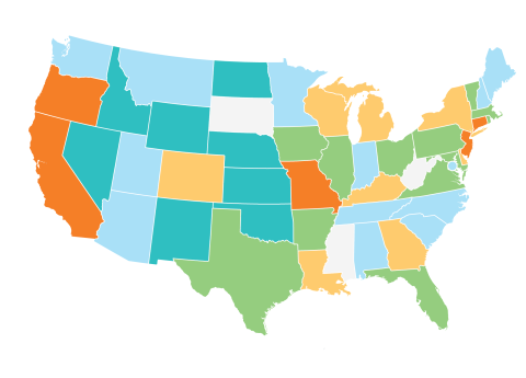 U.S. map with states highlighted in colors indicating their numbers of Home Energy Scores.