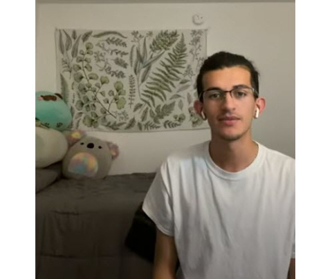 Tobias Rangel Guillen in a room with a bed, pillows, and botanical decor behind him