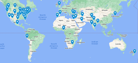 A world map showing the locations of the 93 collegiate institutions participating in the 2025 Design Challenge.