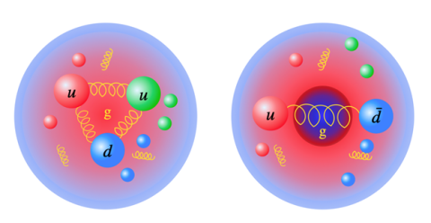 The two-dimensional spatial distribution of mass due to gluons in the nucleon (left) and the pion (right), simulated at seven valence pion masses with lattice quantum chromodynamics.